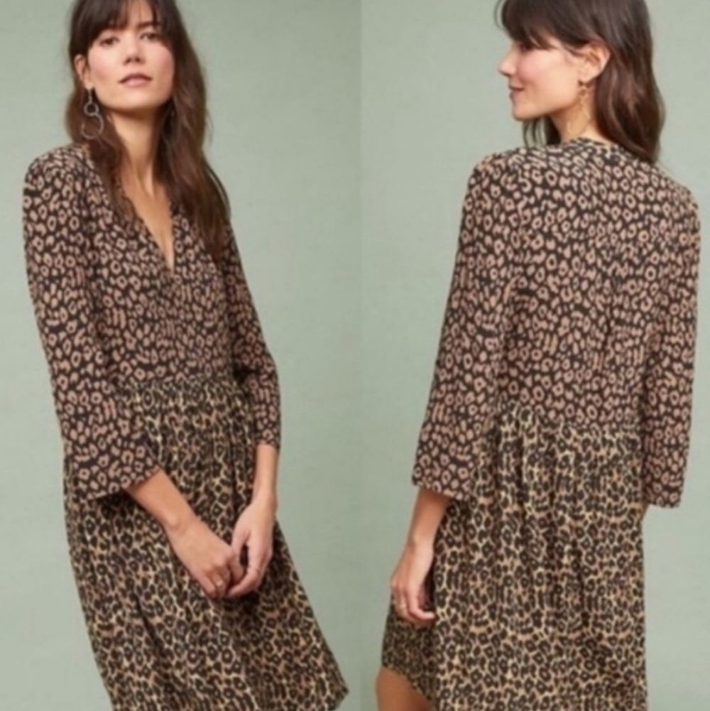 Anthropologie Maeve Leopard Print V-Neck Mini Dress. Size L